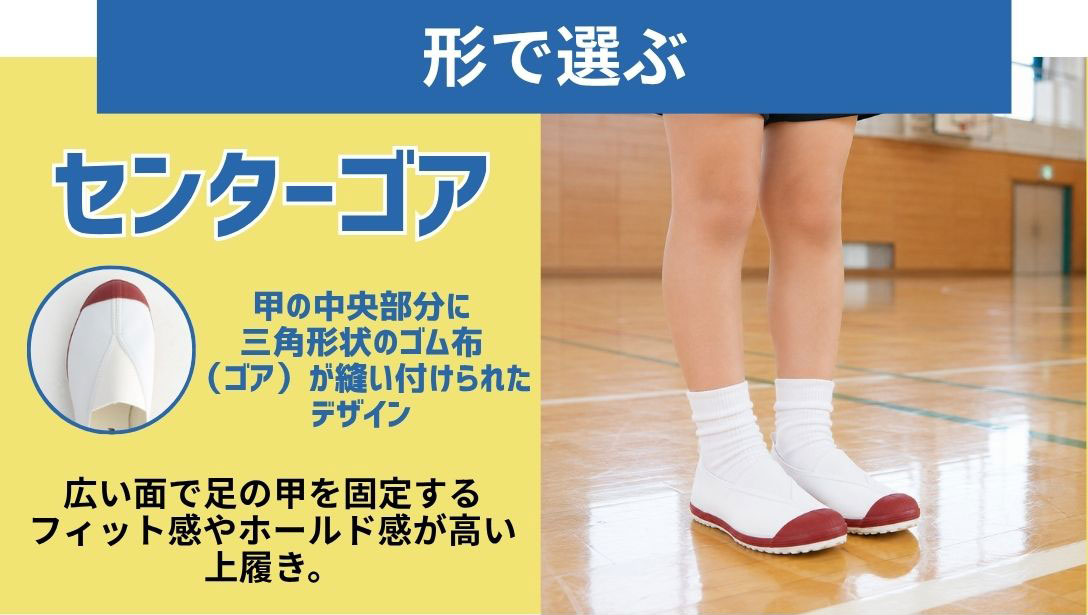形で選ぶ　センターゴア　甲の中央部分に三角形状のゴム布（ゴア）が縫い付けられたデザイン　広い面で足の甲を固定するフィット感やホールド感が高い上履き。