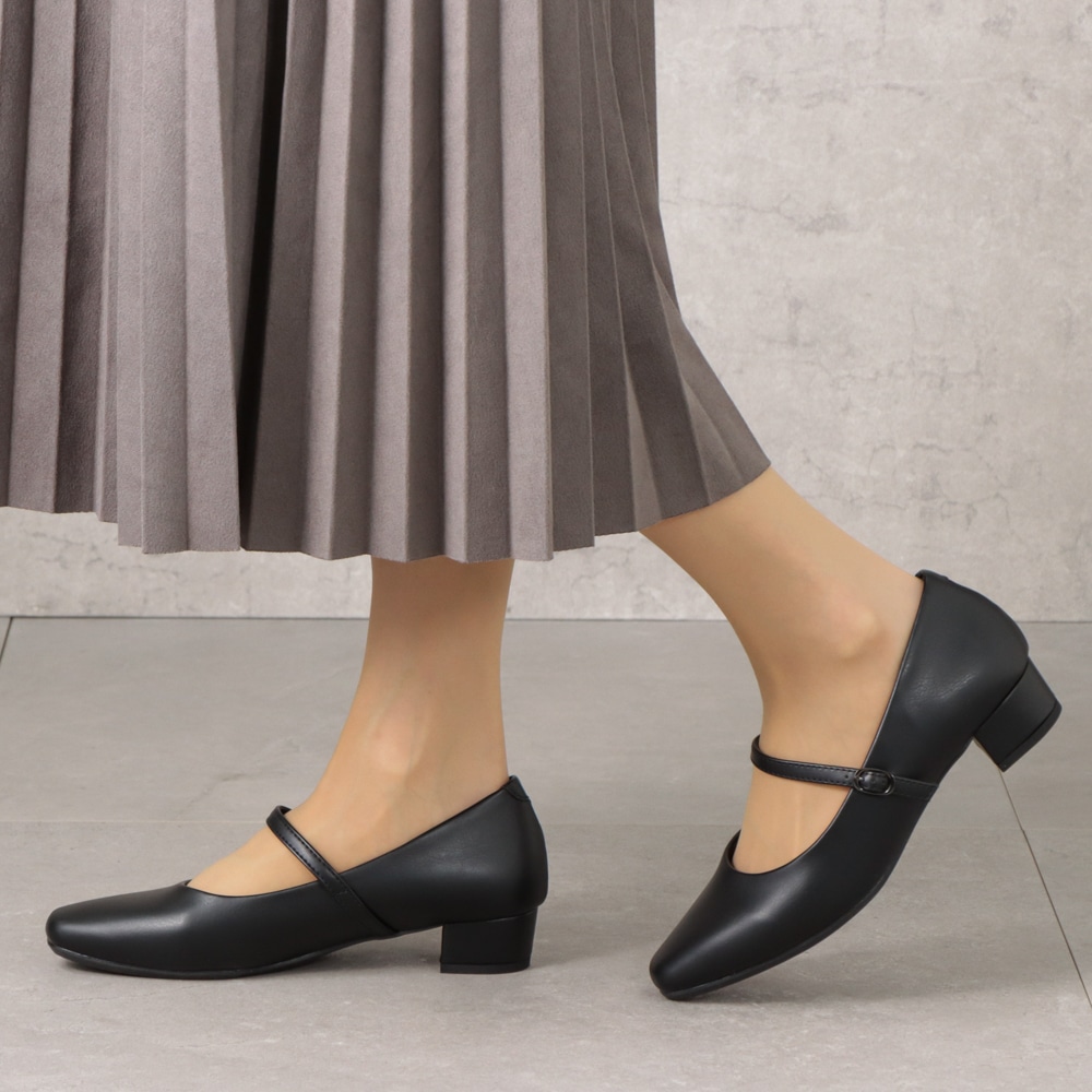 スクエアトゥ(ベーシックパンプス)幅広 3E 防水 ストラップ＜3.0cmヒール＞【21.5cm～25.5cm】